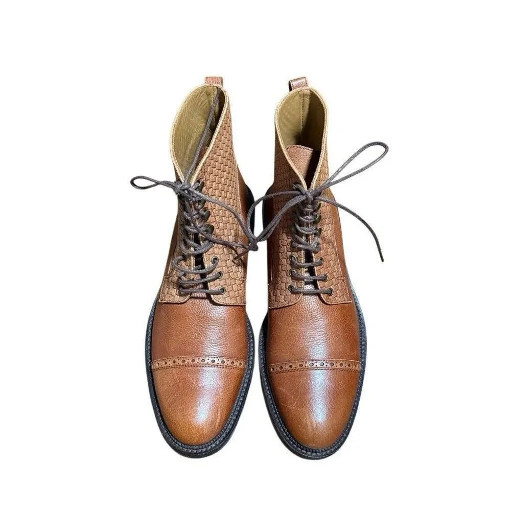 TAFT Combat Boots Mens Size 41 Brown Leather Cap Toe Lace Up Woven Spain Casual